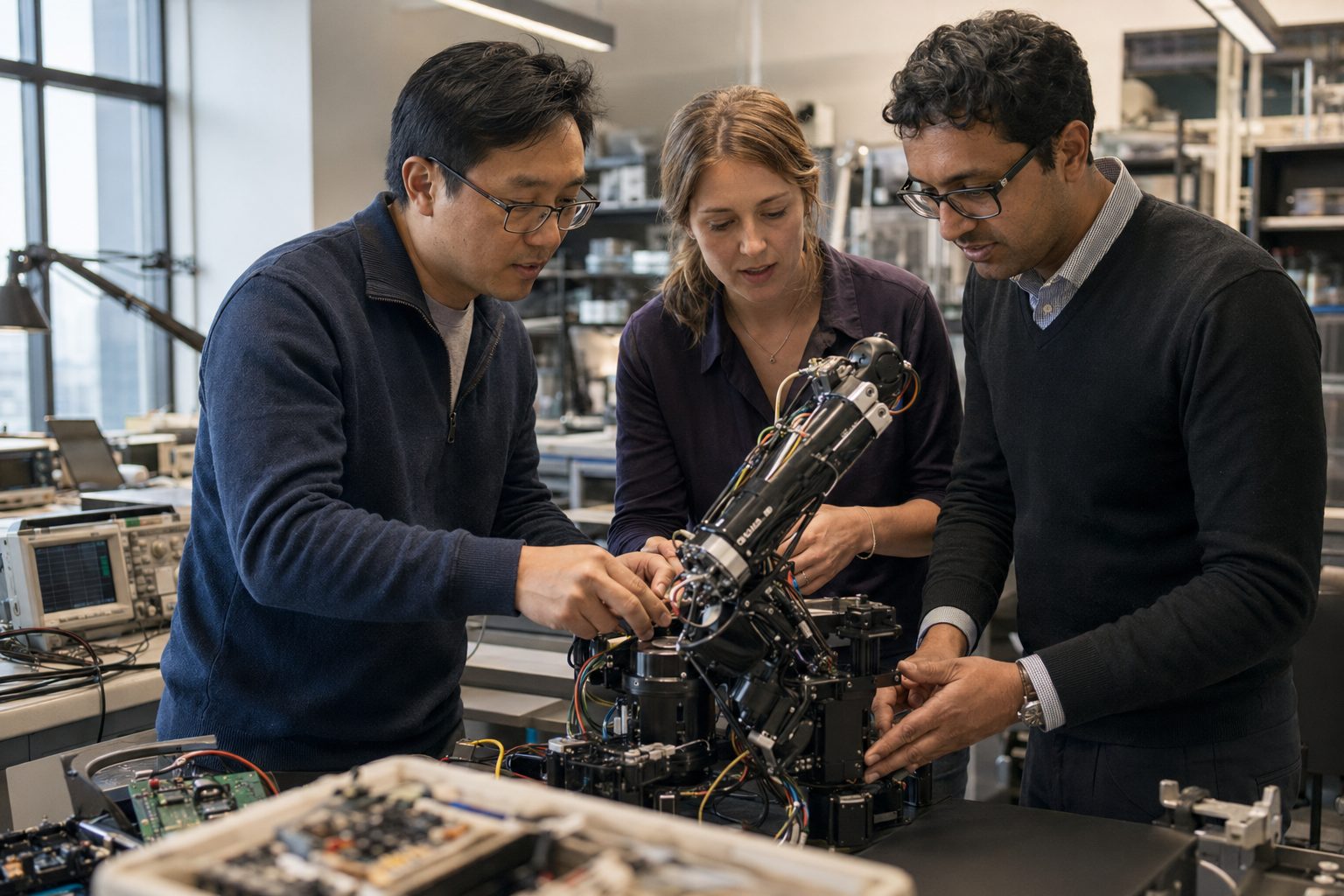 Experienced engineers collaborating around a precision technology prototype